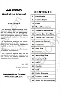 Ssang Yong Musso Workshop Manual, Repair Manual, Electrical Wiring Diagrams, Owner Manual, Labor Time Guide