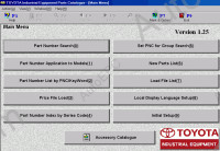 Toyota Industrial Equipment 2016 (ver 1.99) catalogue of details and accessories for the Toyota Fork Lifts, Toyota Lift Trucks and other warehouse and industrial equipment.